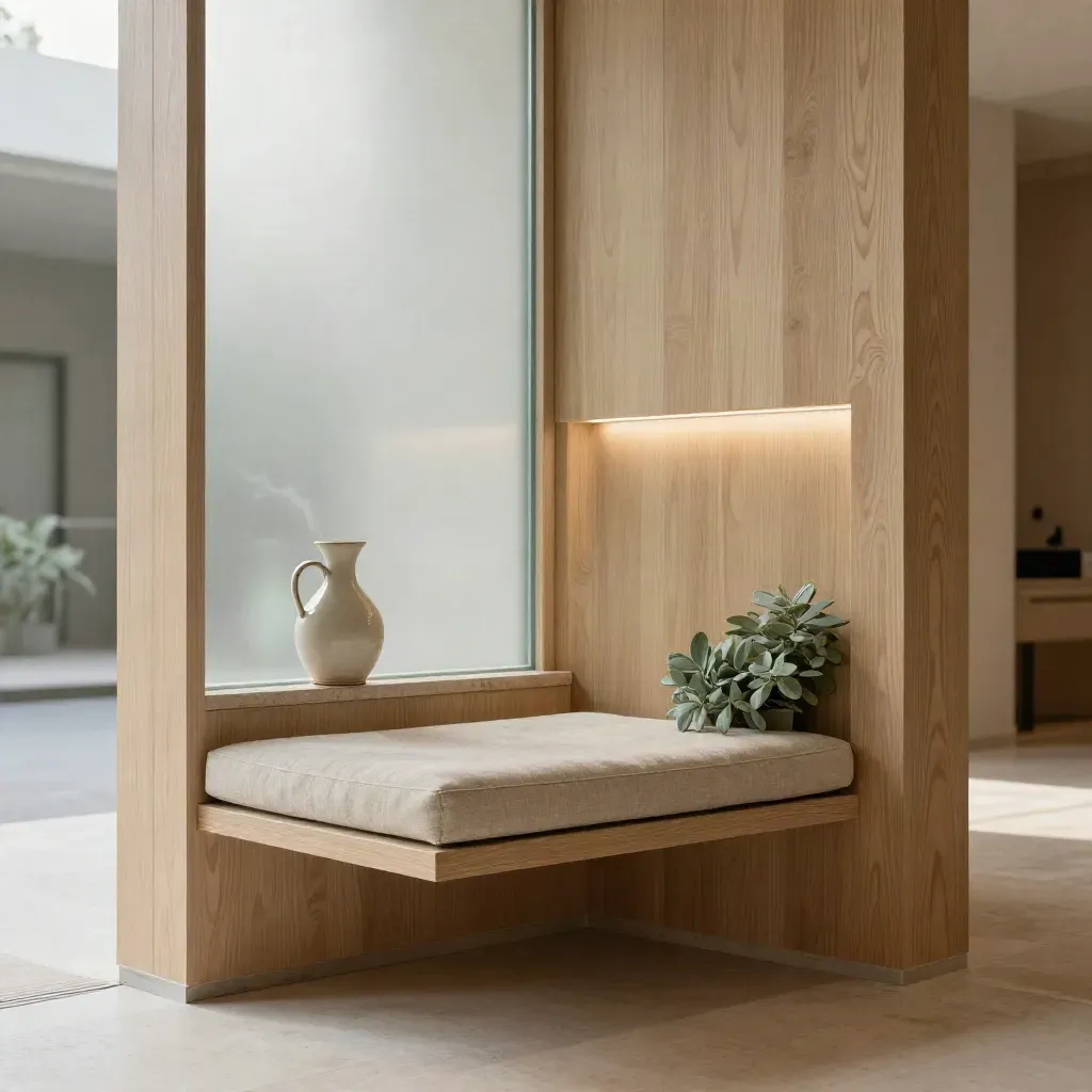 Helle Praxis-Ecke mit Holzbank, satiniertem Glas und warmer Lichtnische.