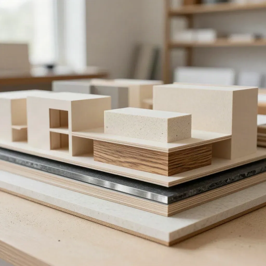 Modell und Materialtafeln im Architekturbüro, ruhig und fertig inszeniert.